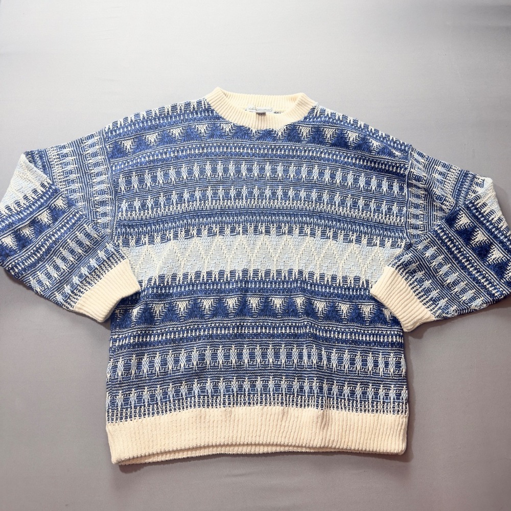 JJ Cochran Mens XL Geometric Pattern Knit Sweater Crew Neck Blue Cream Made‎ USA